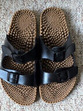 Birkenstock Birkis Noppy Massage Black Leather Sandals Unisex Size 41